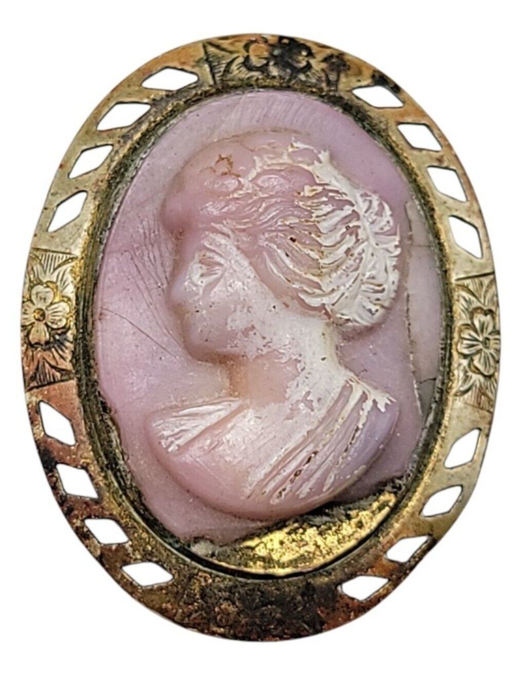 Antique Pink Molded Glass Cameo Brooch Lady Flowers Gold Tone Frame Needs TLC - Picture 7 of 7